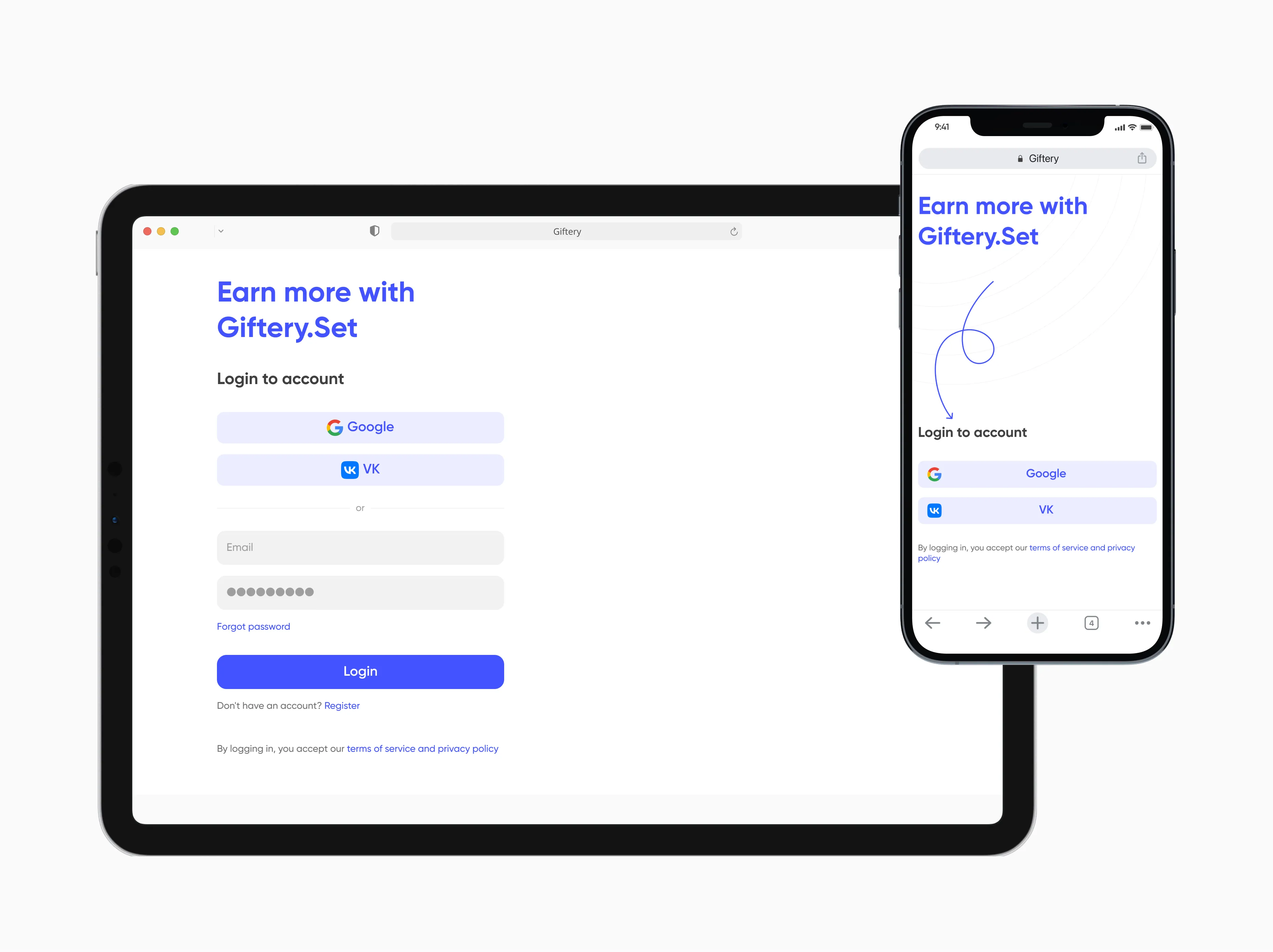 Giftery sign-in screen on a tablet and a phone