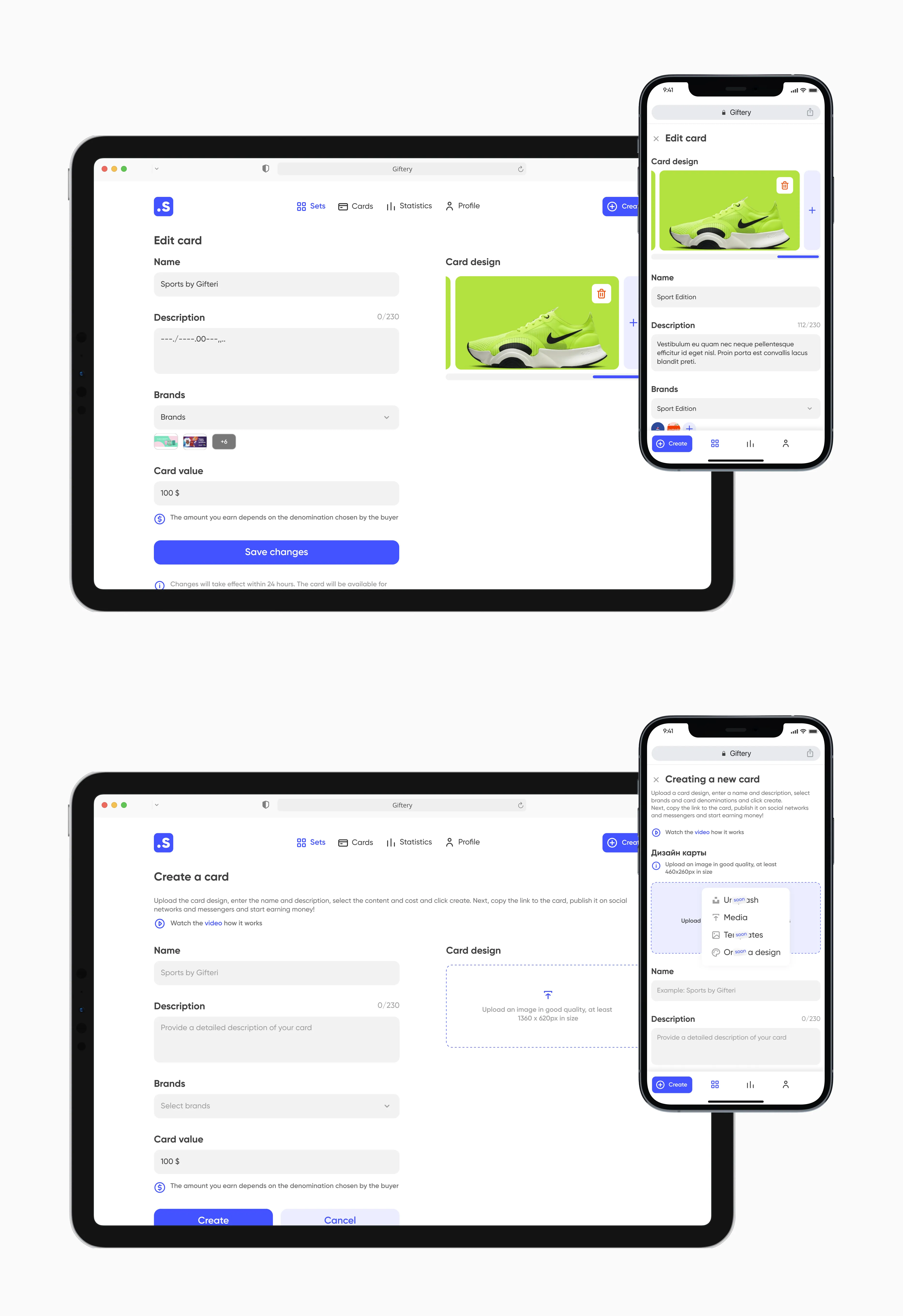 Edit card and create card screens on a tablet and a phone