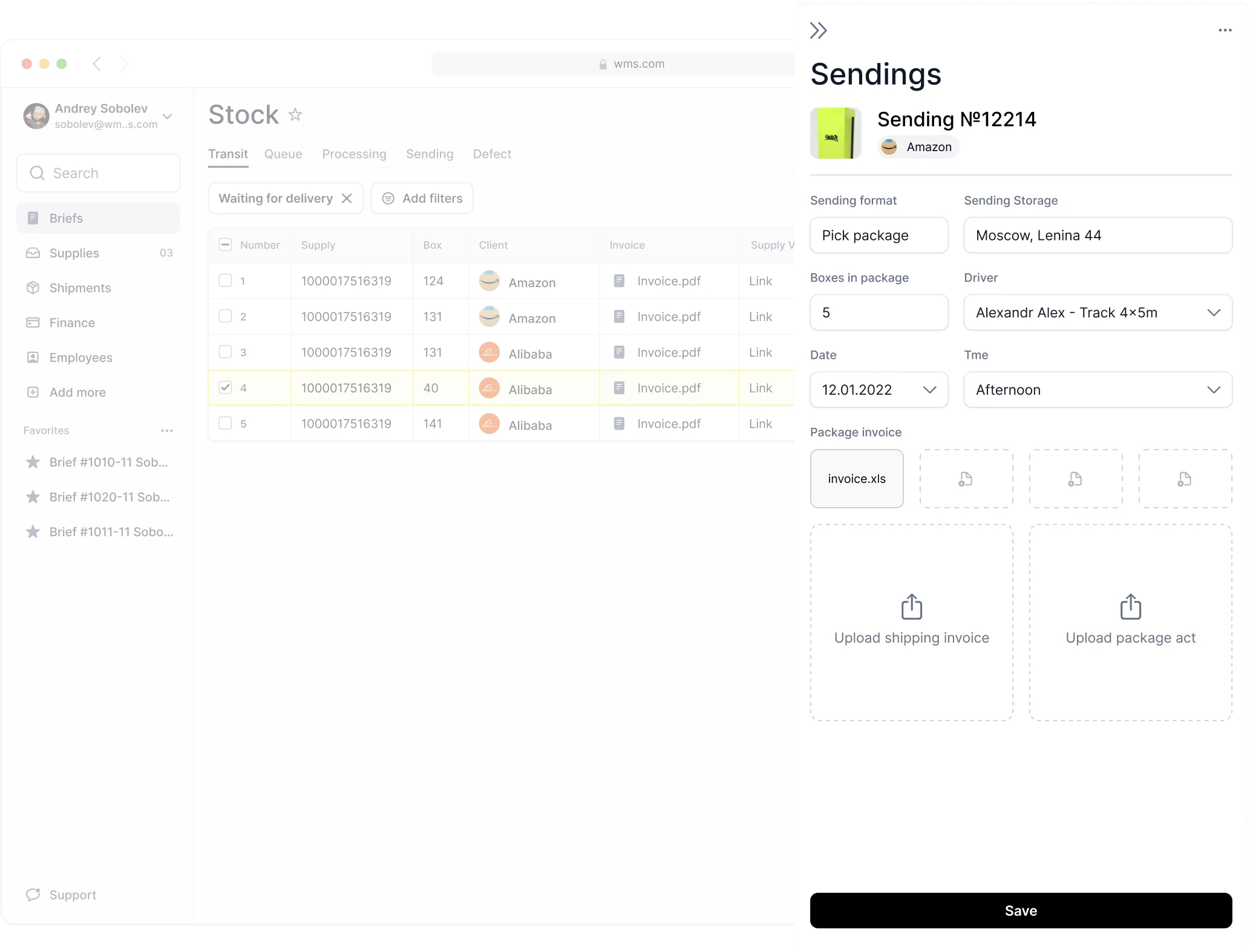 Sending panel with storage, driver, date and invoice uploads