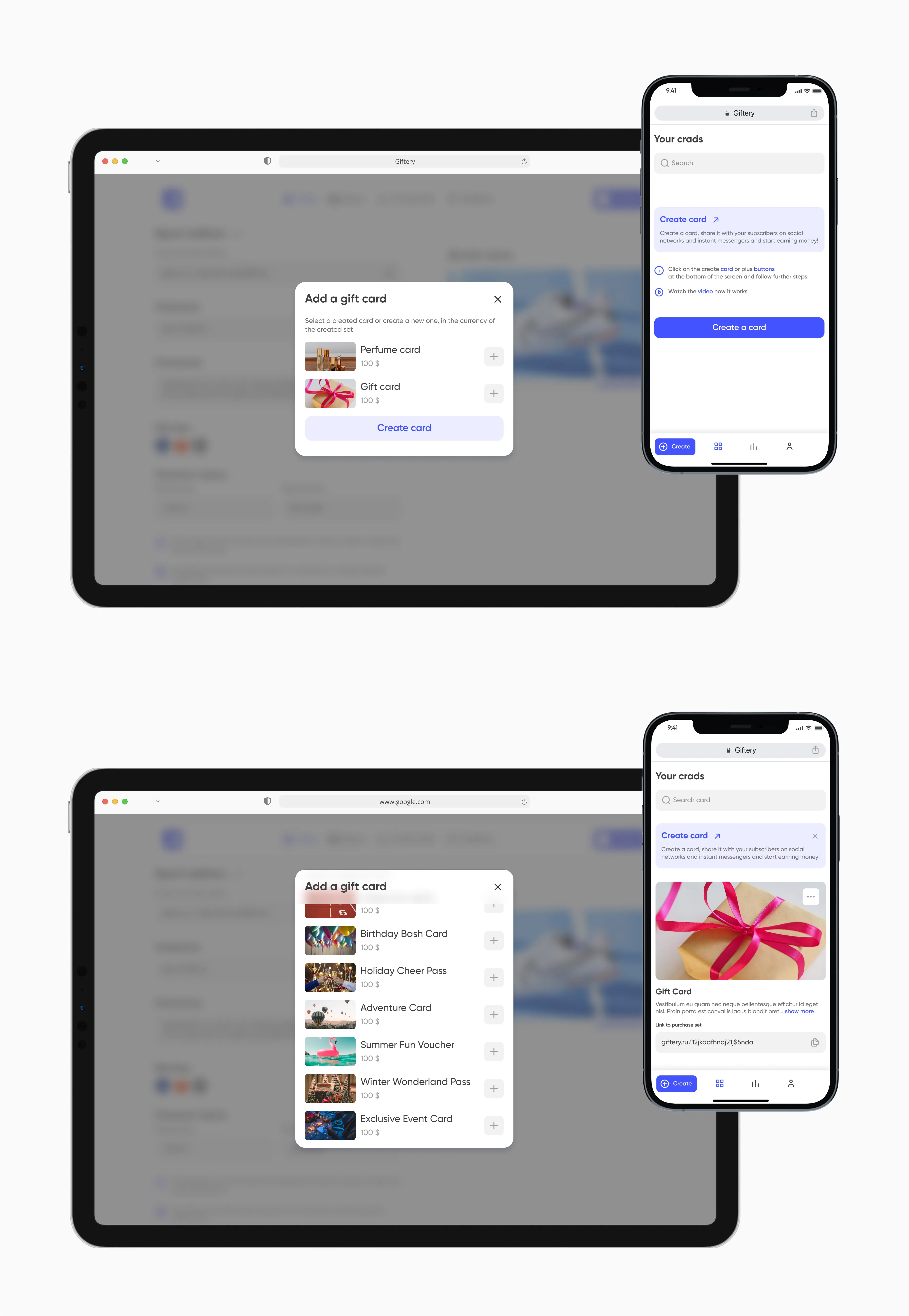 Card list and add-a-gift-card dialog on a tablet and a phone