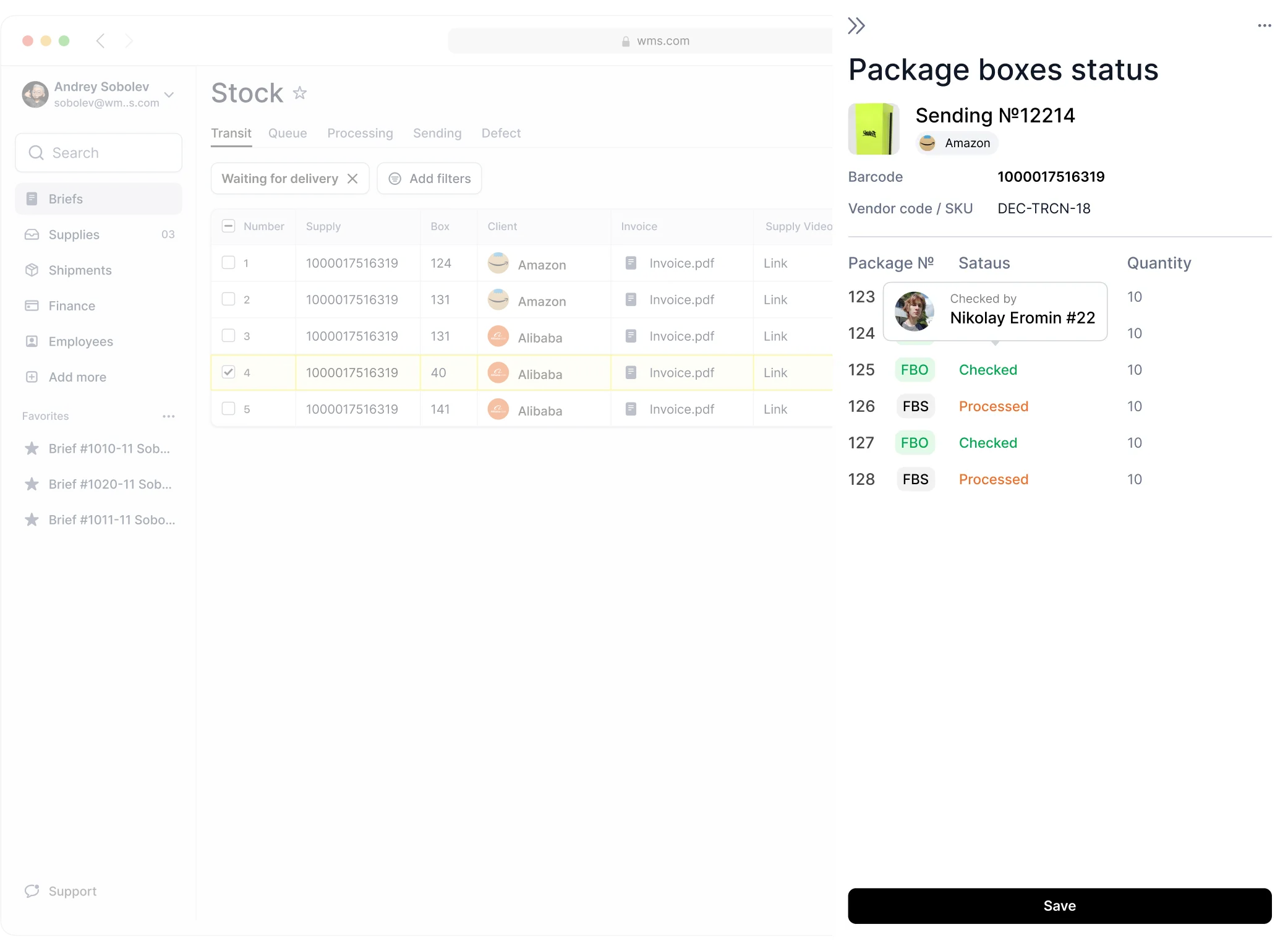 Package boxes status panel showing who checked each box