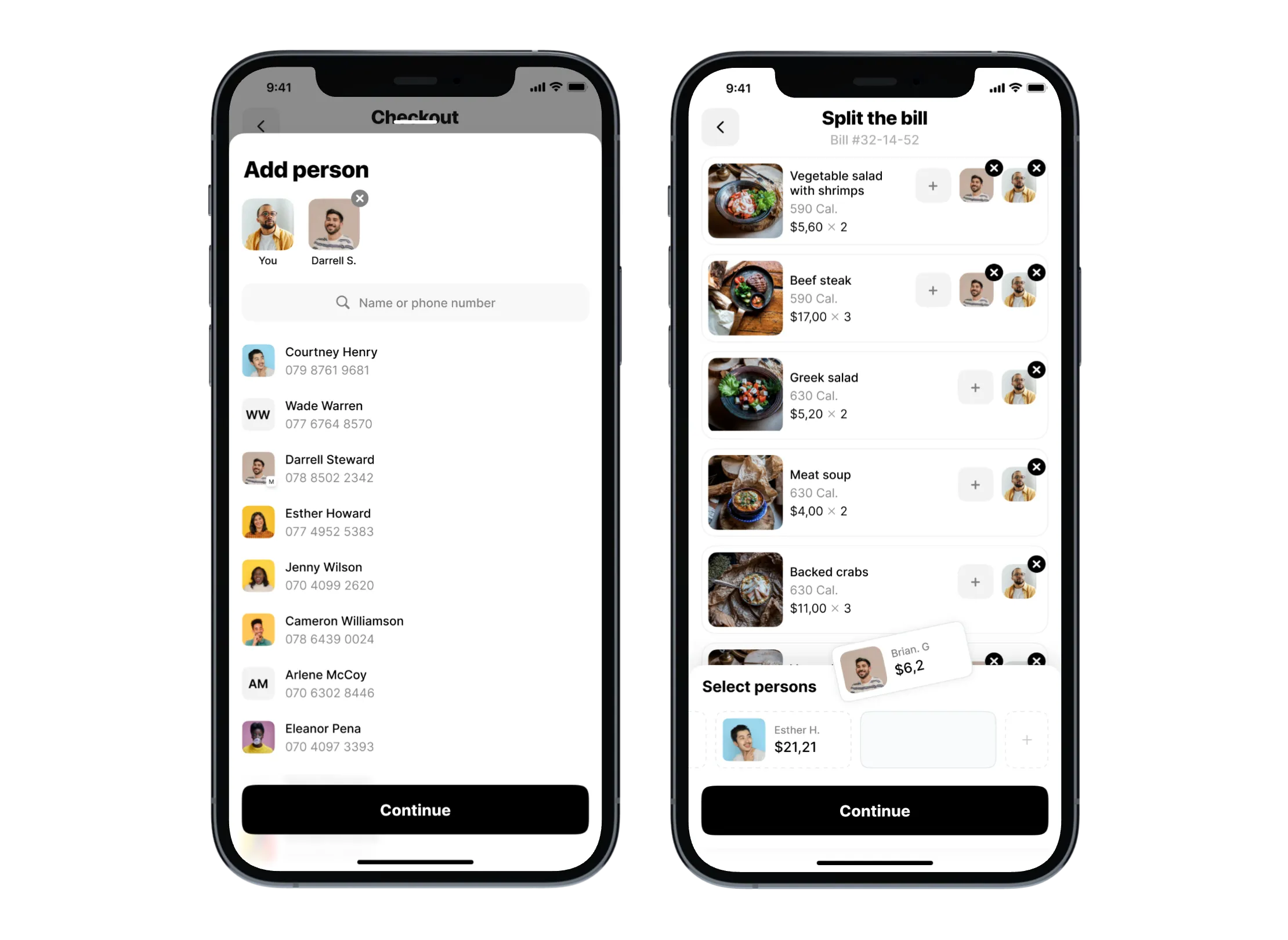 Add person screen and split the bill screen with avatars assigned to each dish