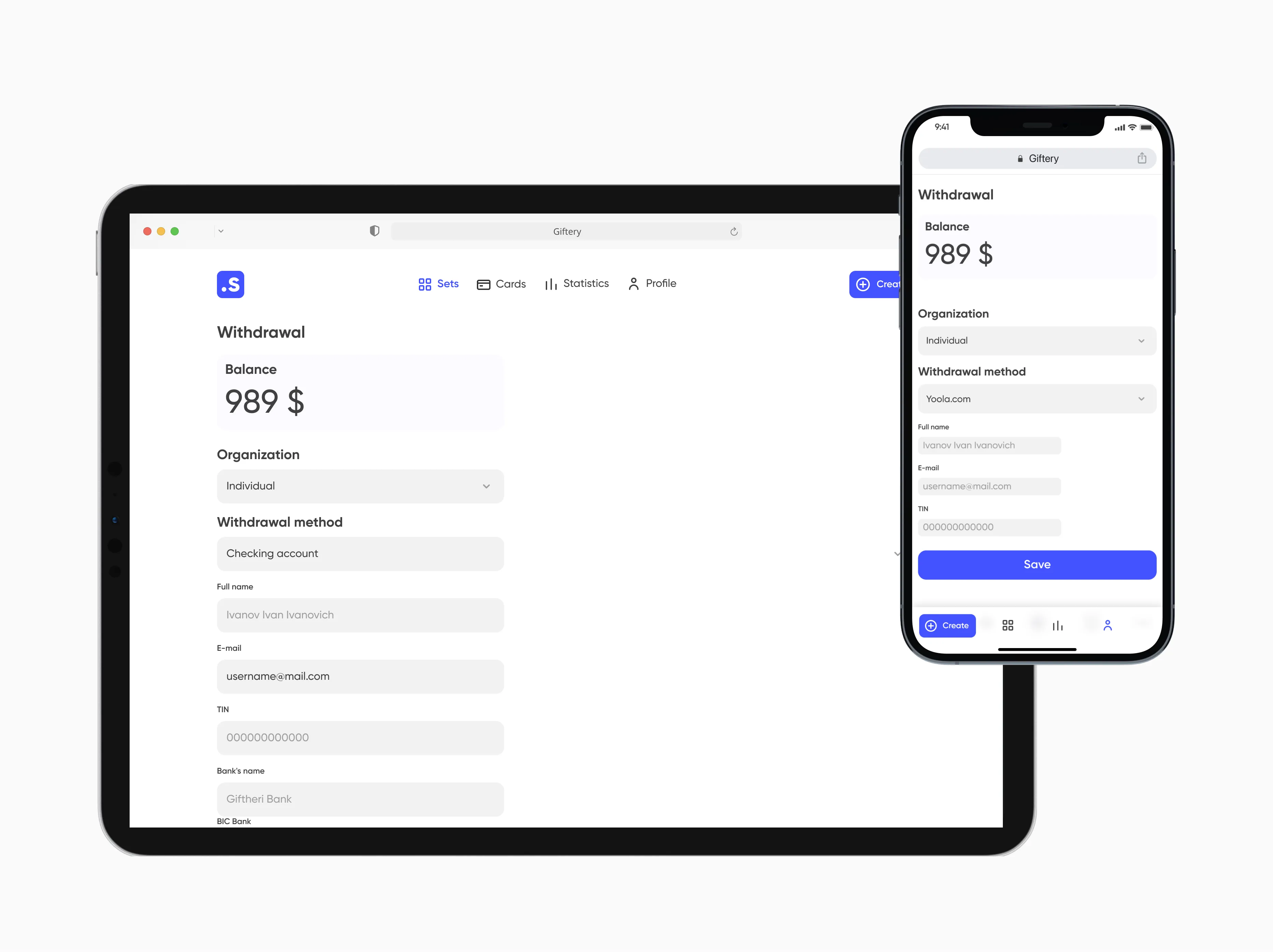Withdrawal form with balance on a tablet and a phone