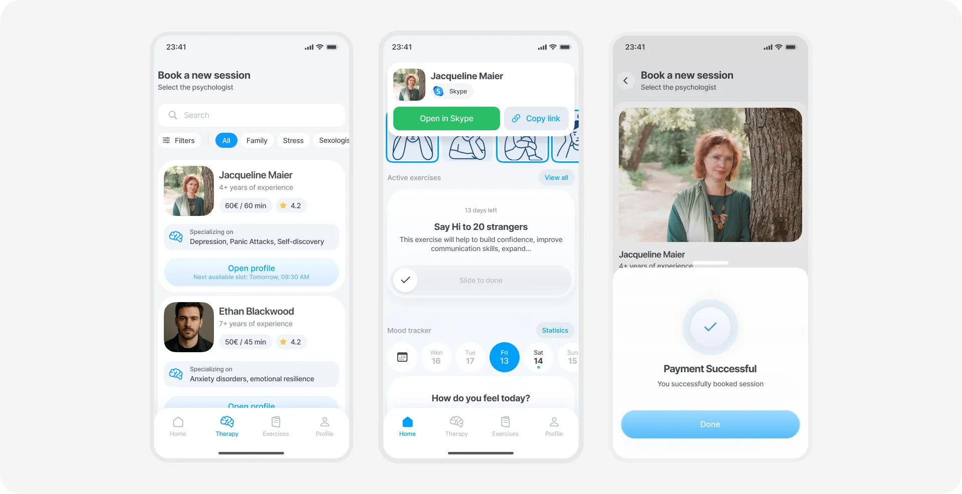 Three phone screens showing therapist search, mood tracker and a booked session