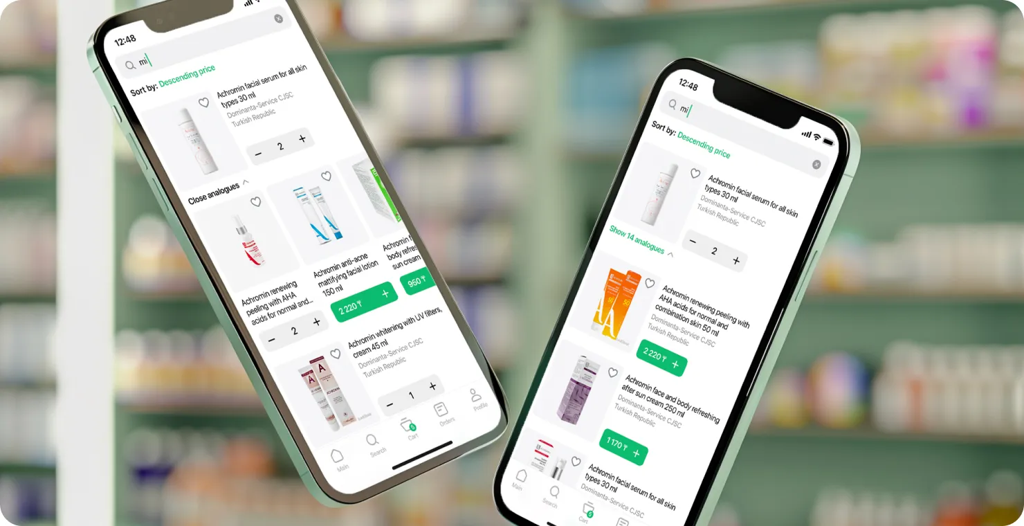Two phones showing Daribar search results with medication analogues
