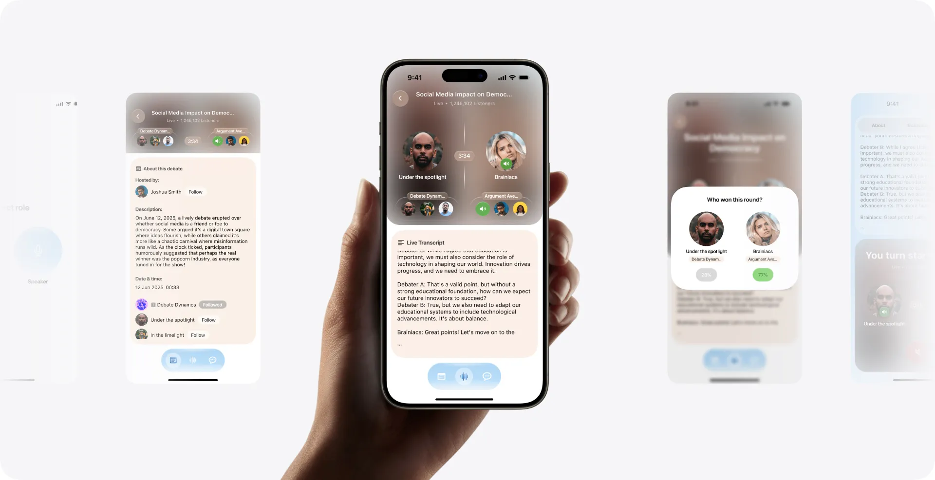 Debate app on a phone, with live transcript and round voting screens