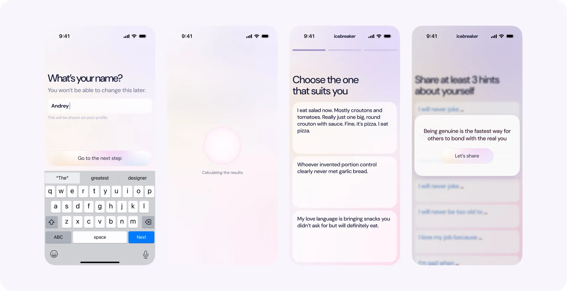 Four onboarding screens of a dating app, from entering a name to sharing hints
